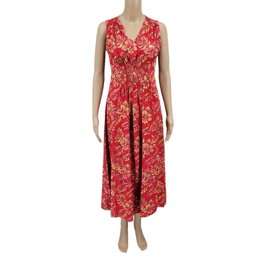 Go Fish Red Tropical Print Sleeveless Dress Smocked Bodice Vneck Tea Length